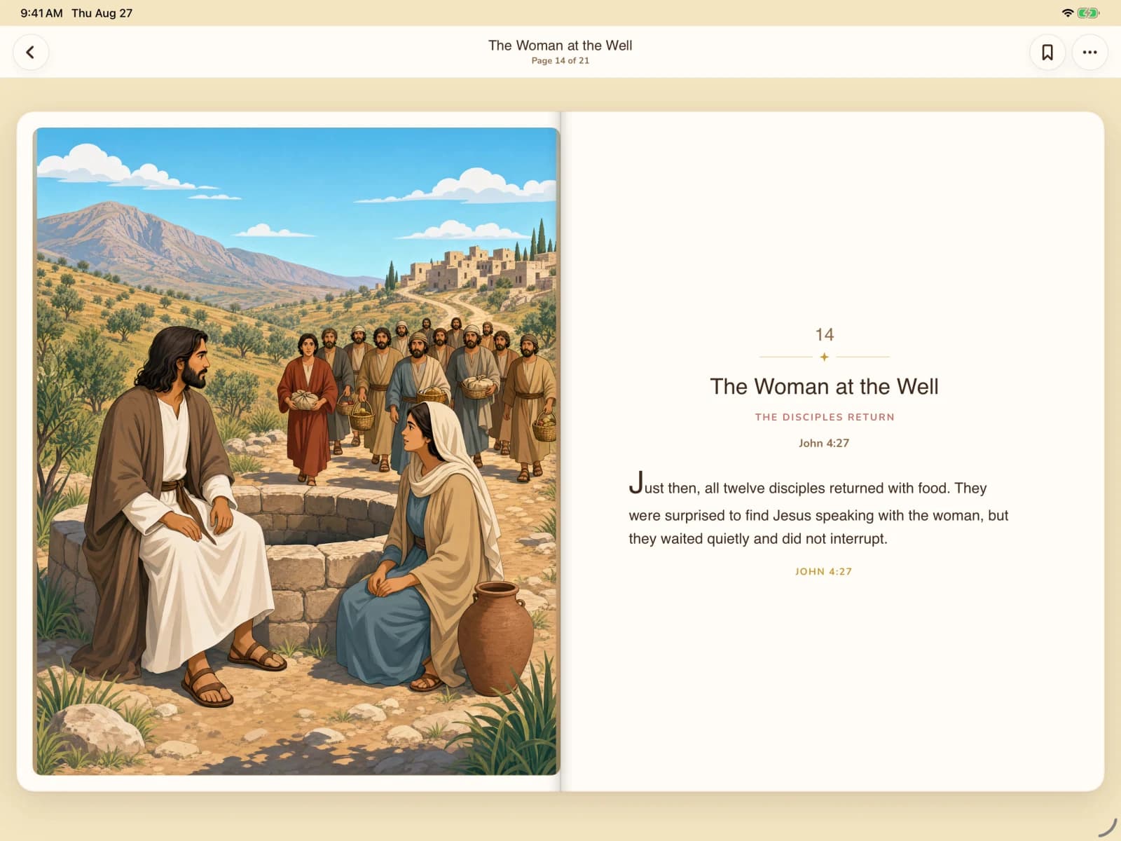 An illustrated Storybook Bible page showing the disciples returning while Jesus speaks with the woman at the well.