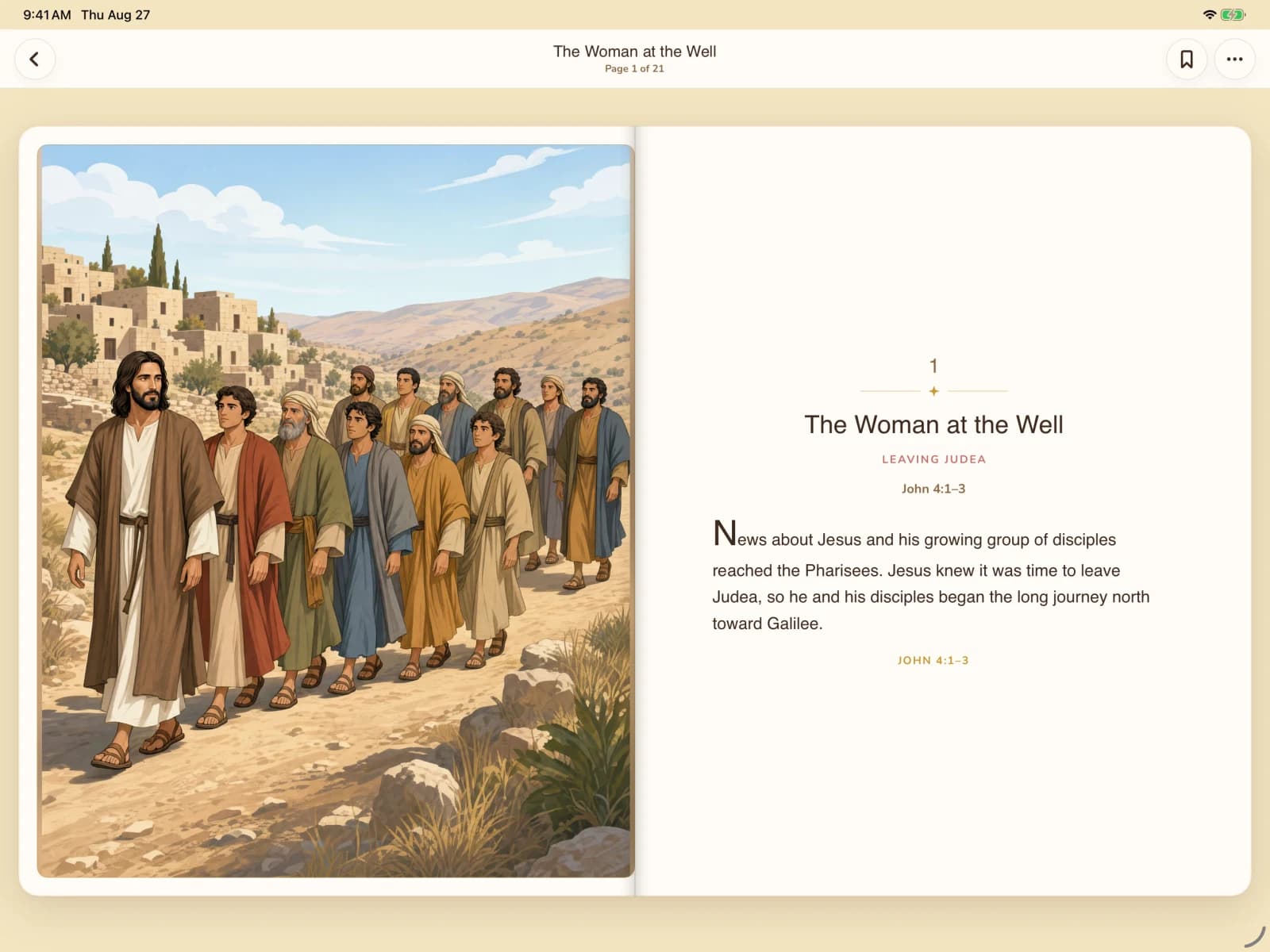 The opening page of The Woman at the Well, showing Jesus and his disciples leaving Judea.