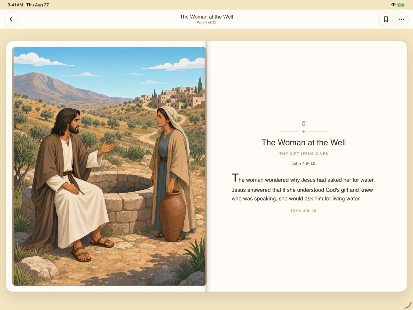 An illustrated Storybook Bible page showing Jesus speaking with the woman beside Jacob's well.