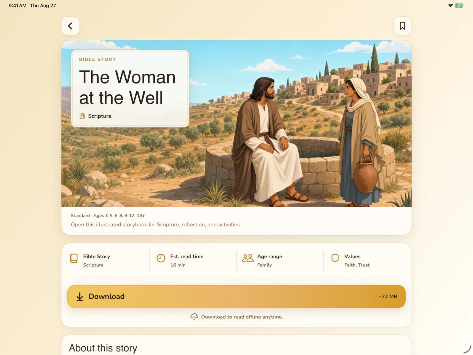 The Woman at the Well story overview in the Storybook Bible iPad app.