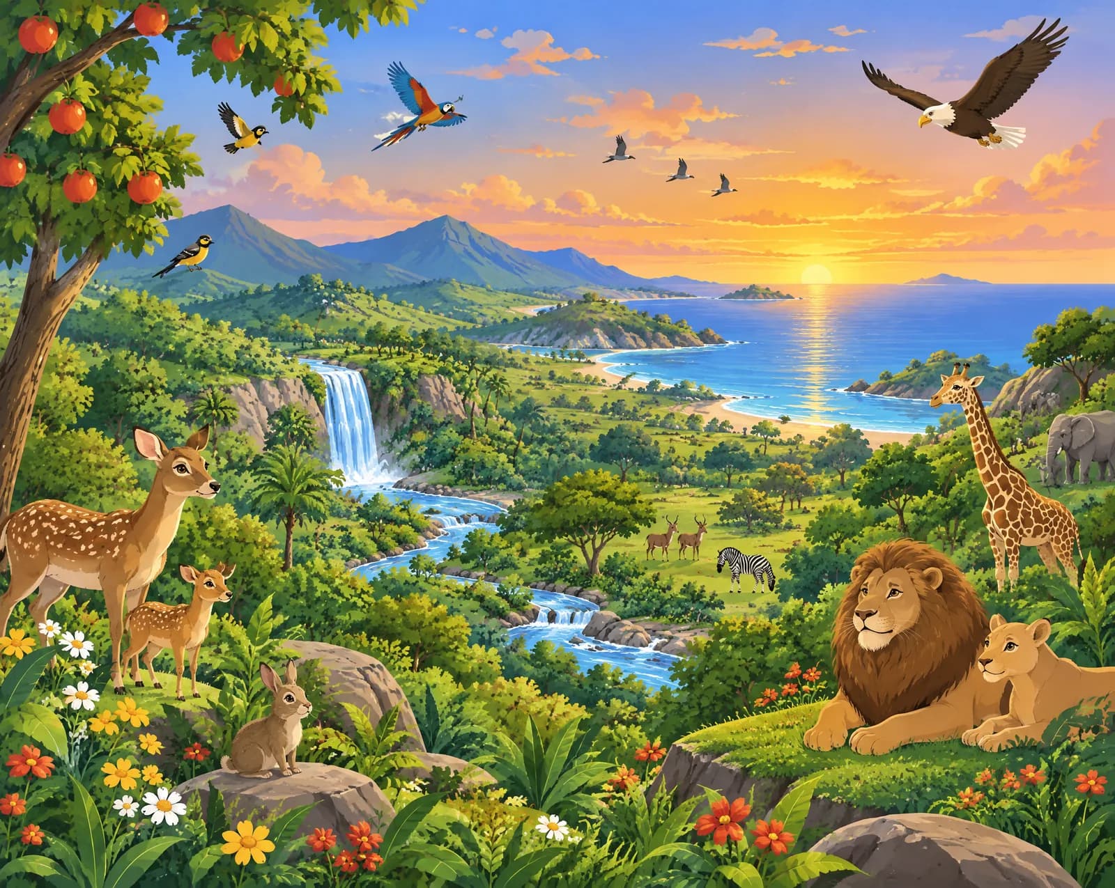 The Creation: a green valley full of animals, with a waterfall, mountains and a sunlit sea.