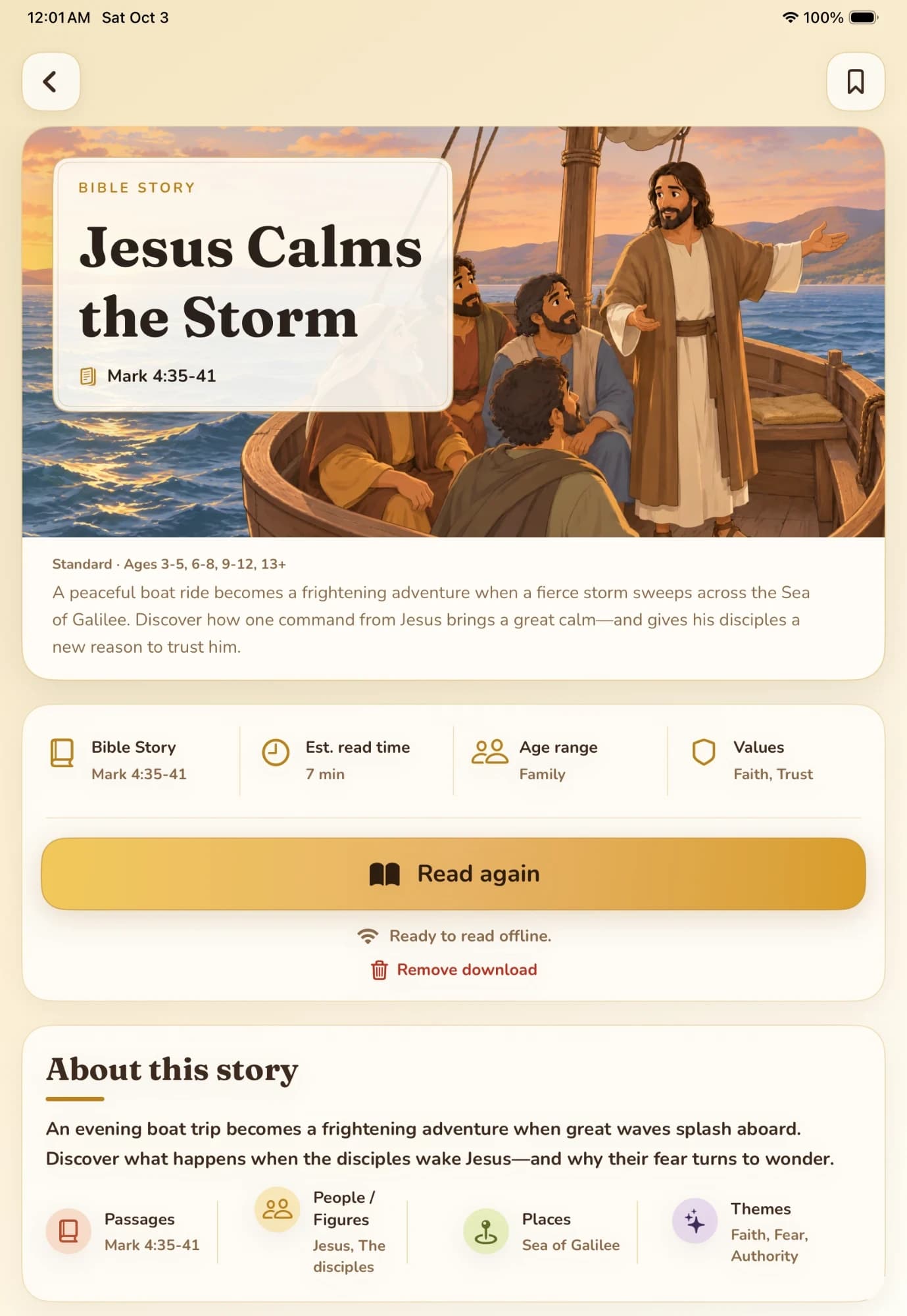 The title screen for Jesus Calms the Storm, with its illustration, Mark 4:35–41, reading time, story details and Read again button.