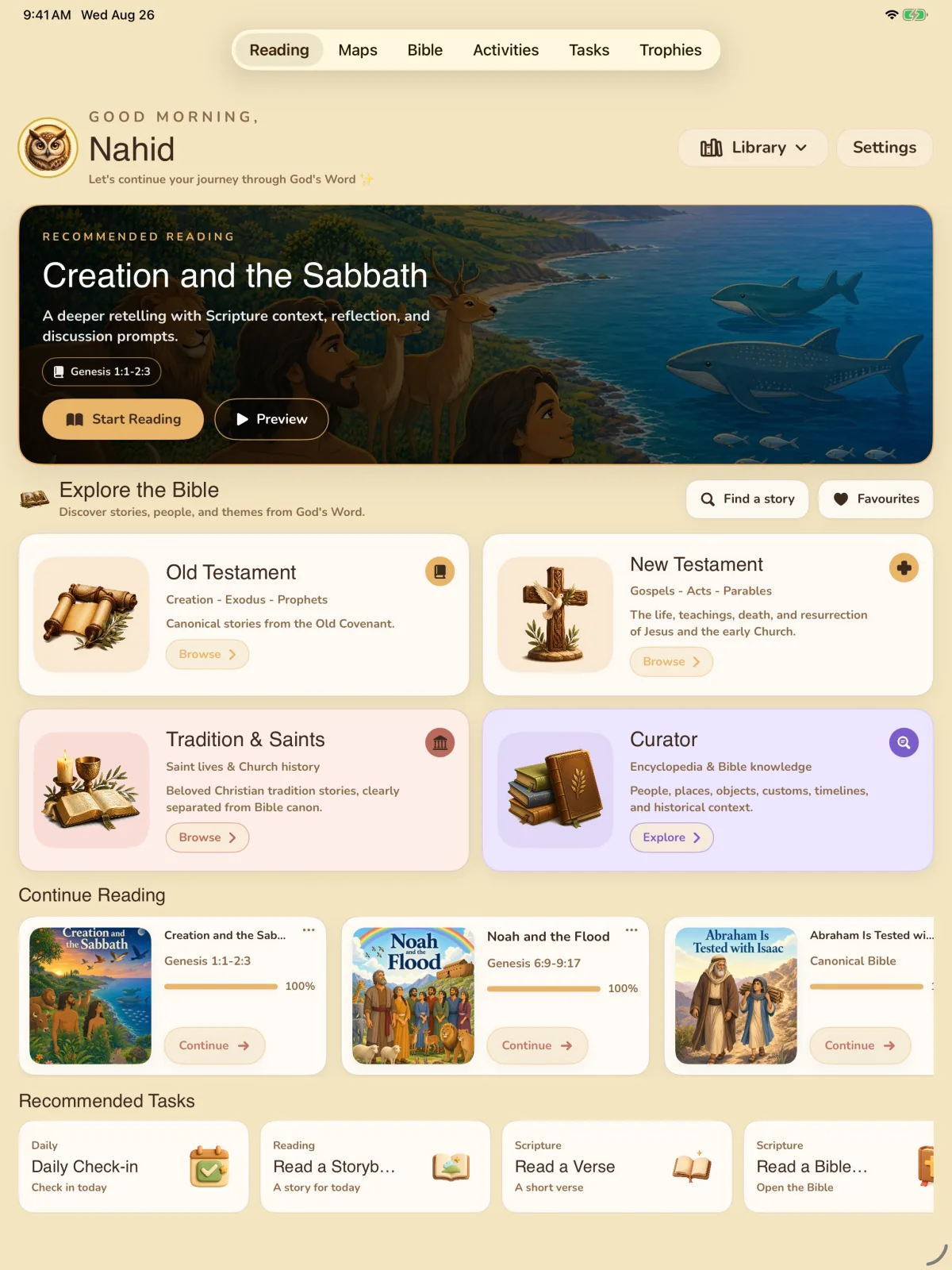 Storybook Bible simulator screen showing Explore the Bible.
