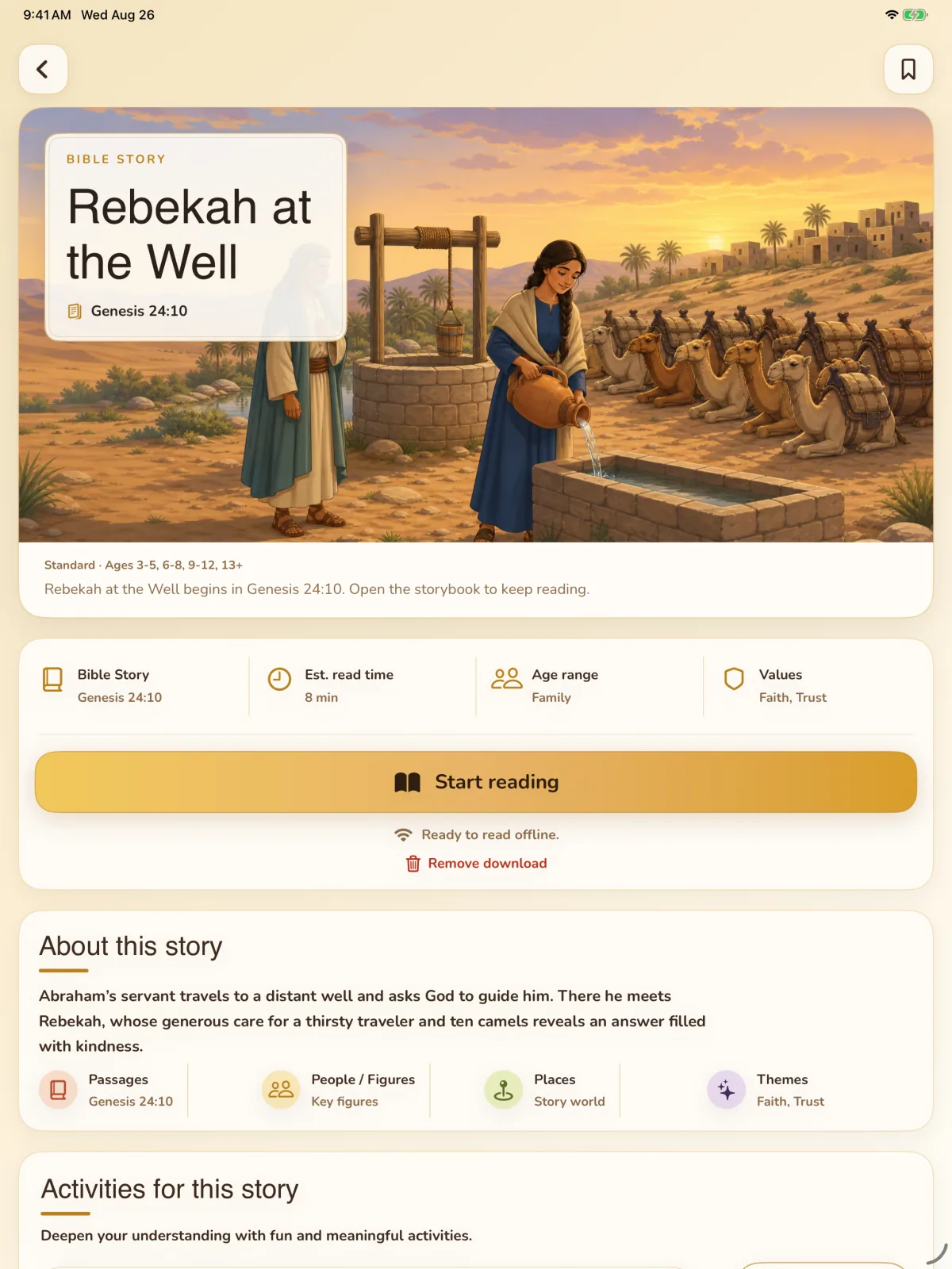 Storybook Bible simulator screen showing Rebekah at the Well.