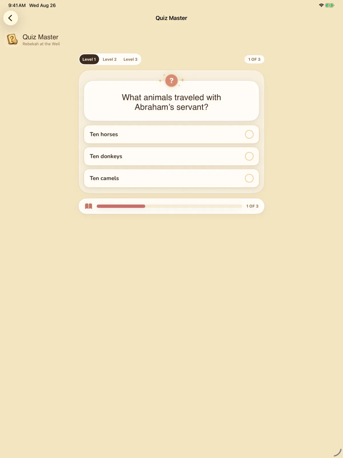 Storybook Bible simulator screen showing Quiz in progress.