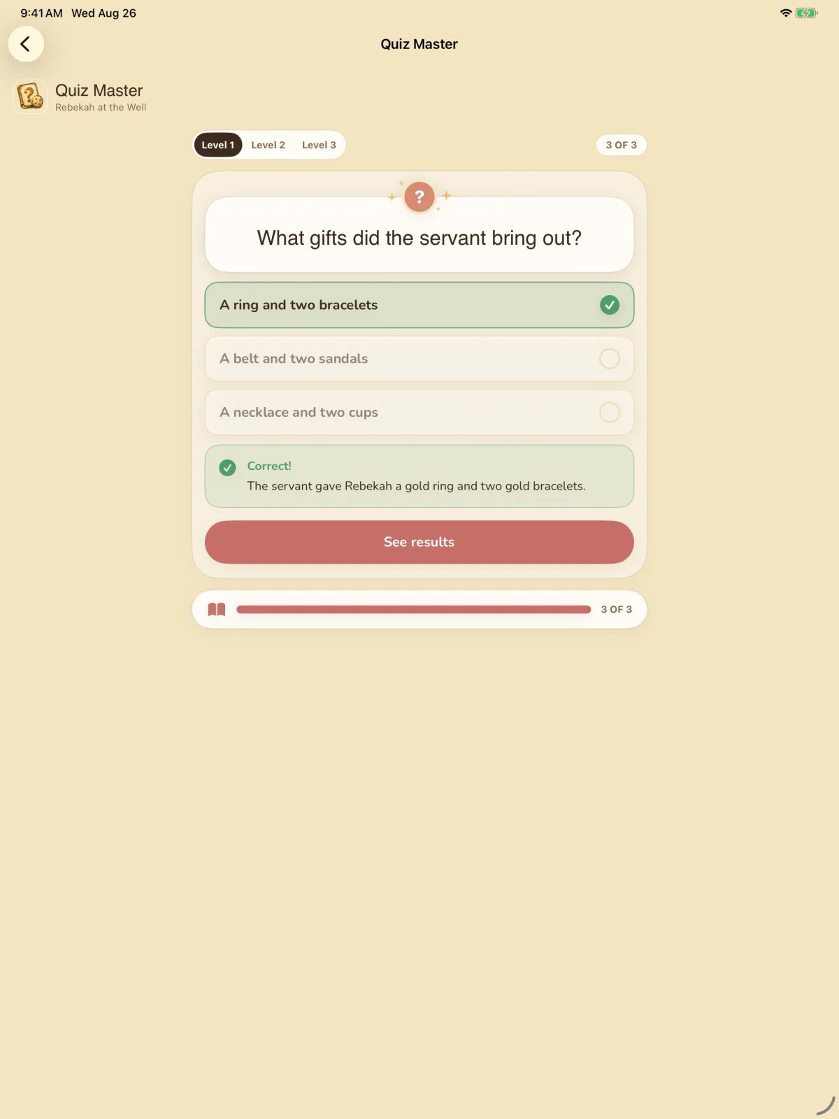 Storybook Bible simulator screen showing Learn from every answer.