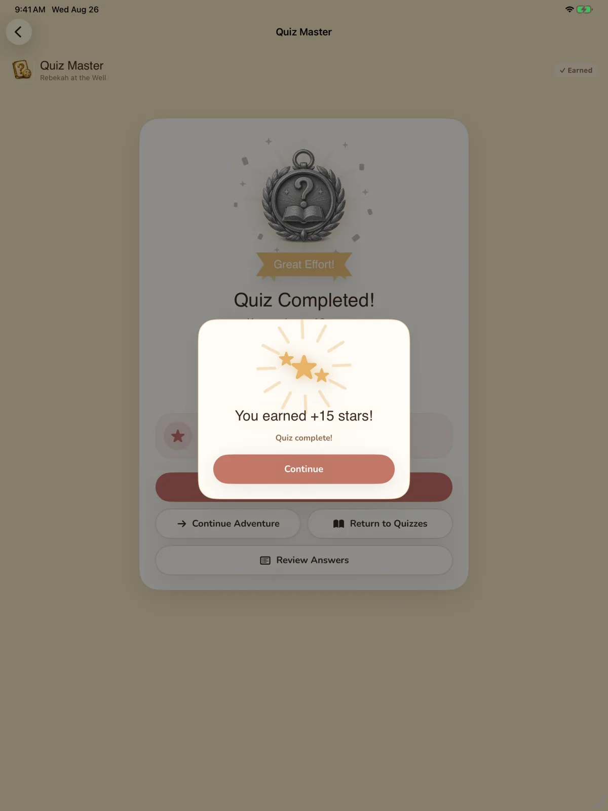 Storybook Bible simulator screen showing Quiz reward.