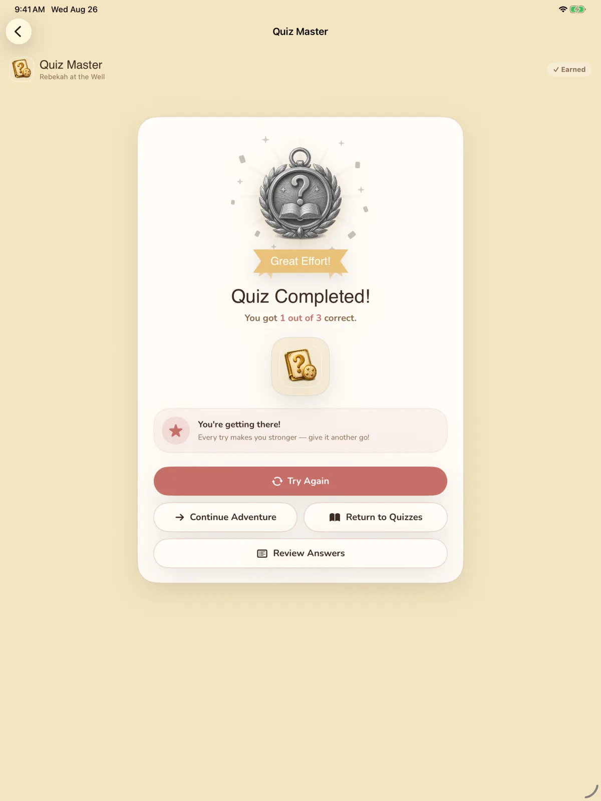 Storybook Bible simulator screen showing Quiz results.