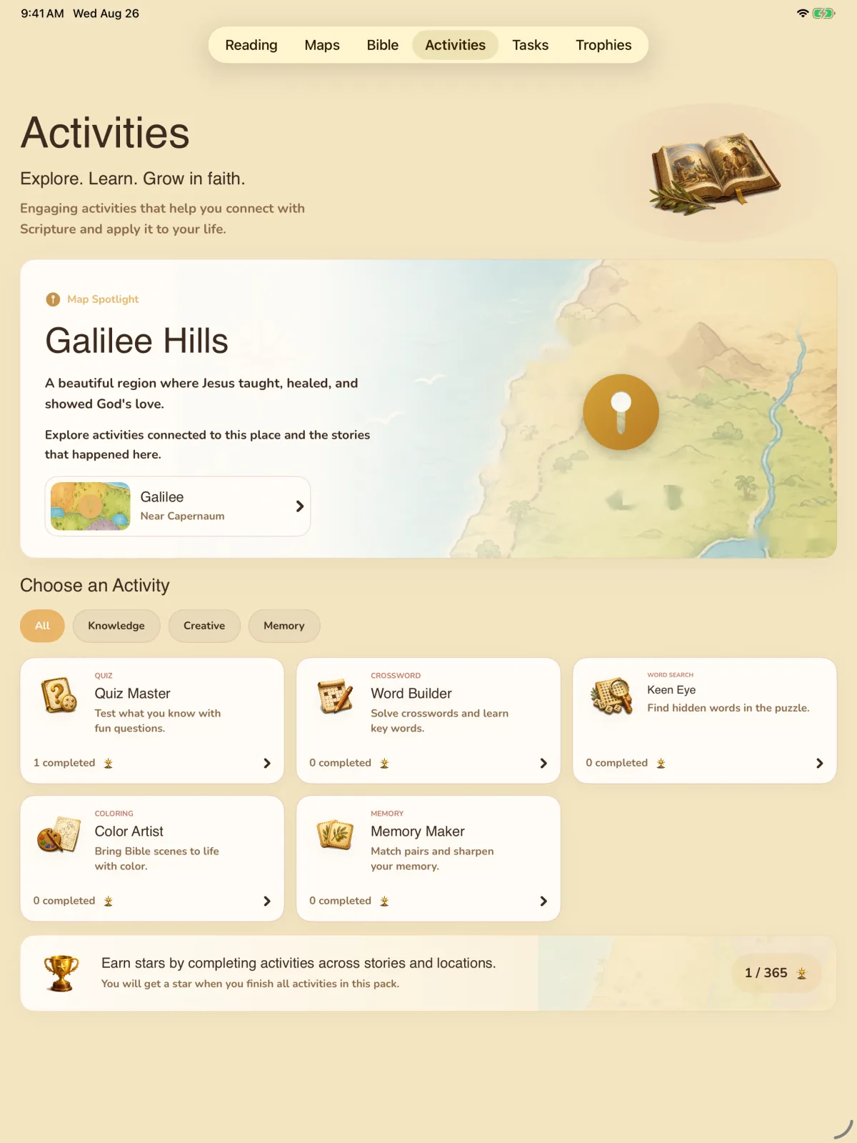 Storybook Bible simulator screen showing Activities hub.