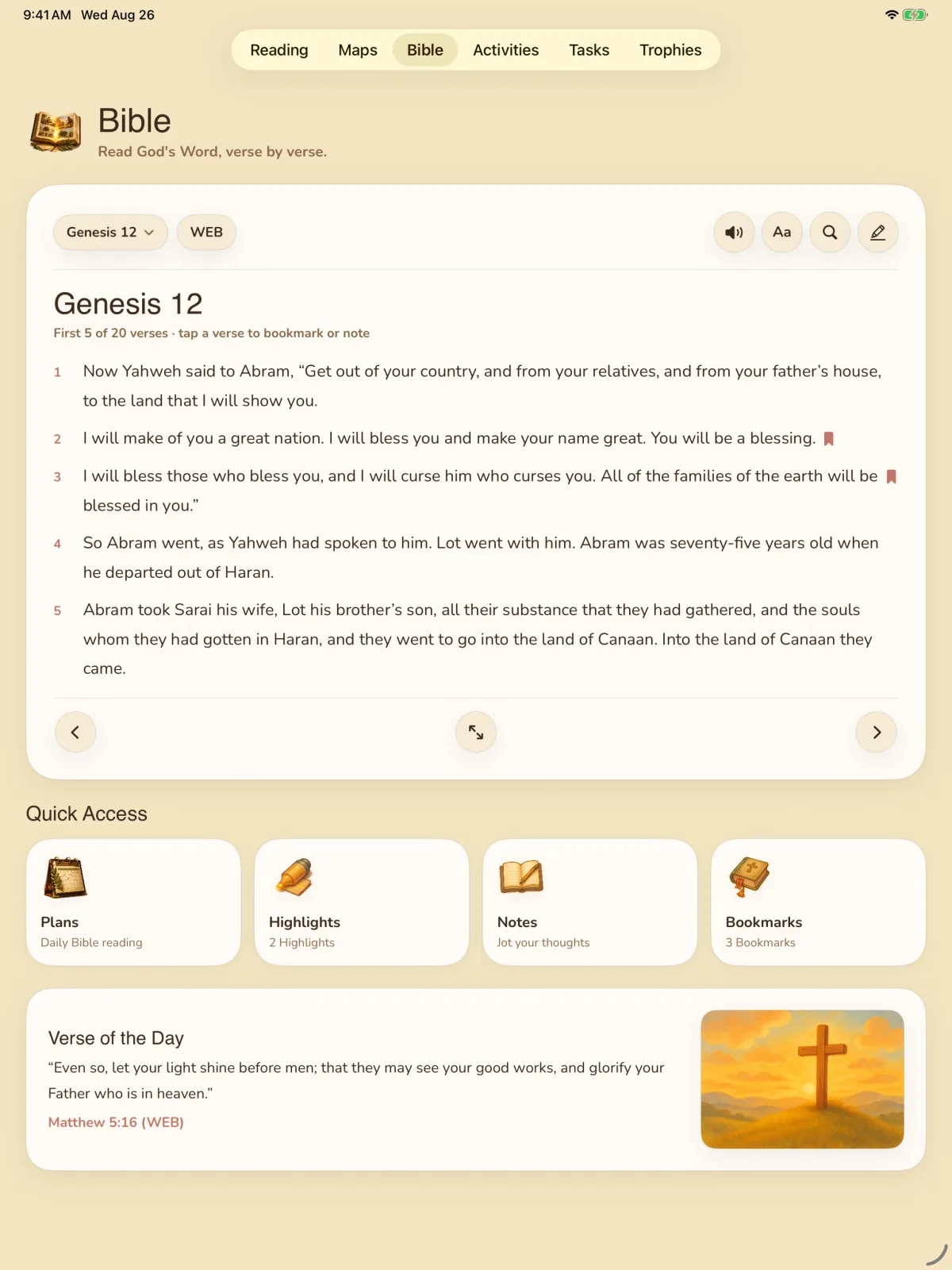 Storybook Bible simulator screen showing Genesis Bible reader.