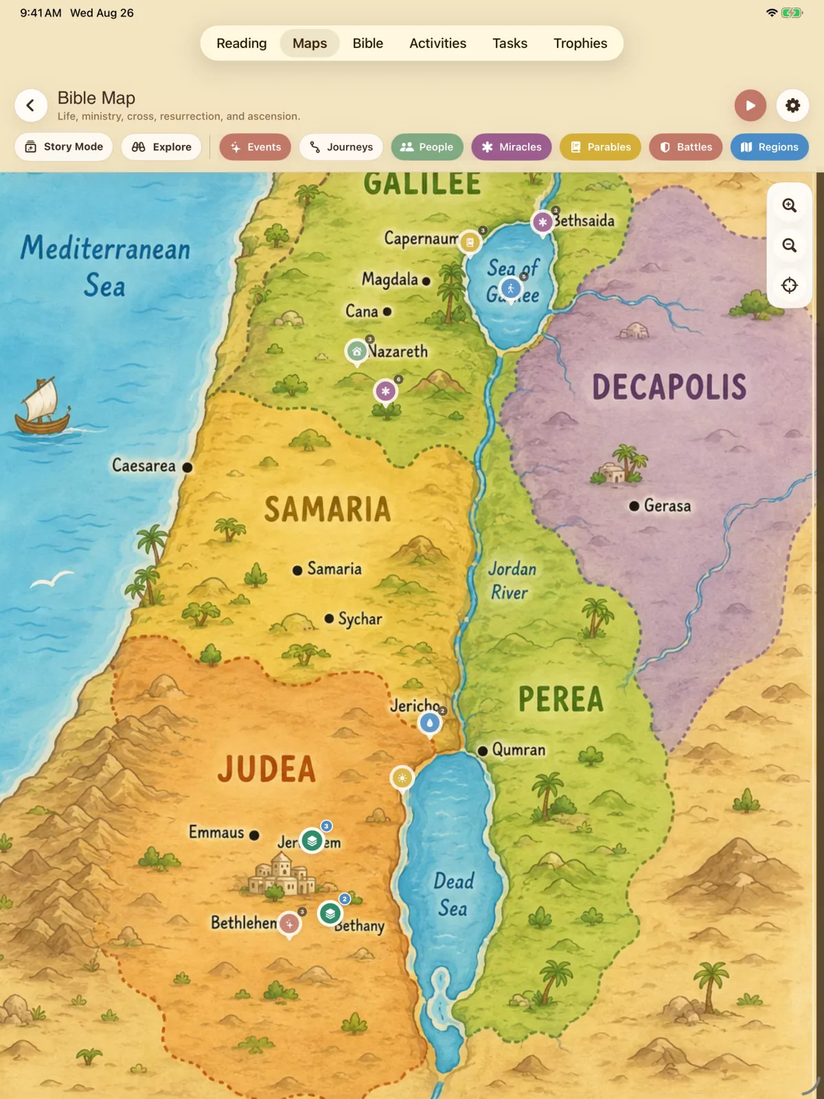 Storybook Bible simulator screen showing Bible Map.