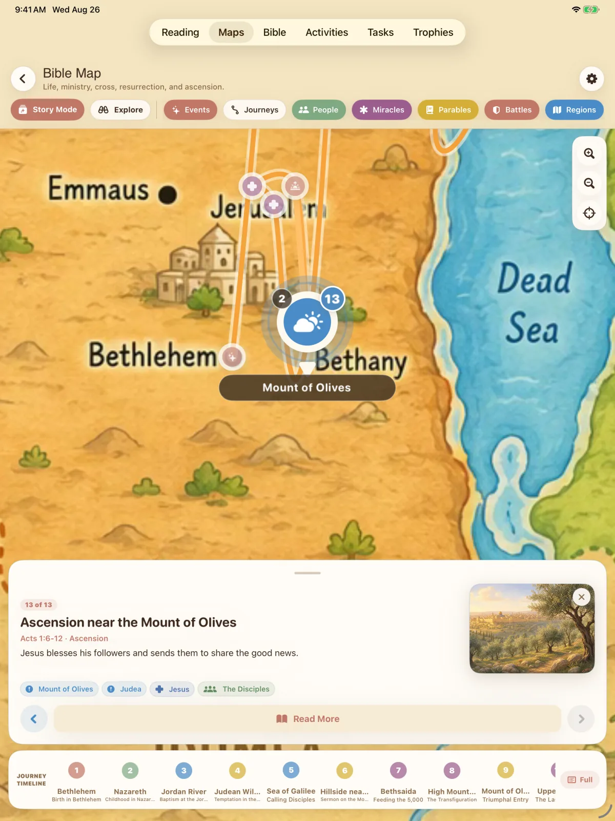 Storybook Bible maps screen on iPad.