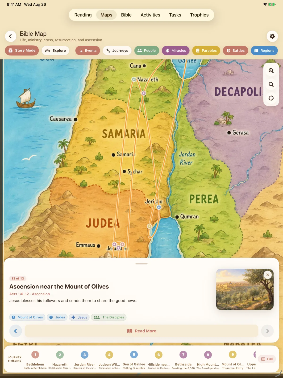 Storybook Bible simulator screen showing Journey timeline.