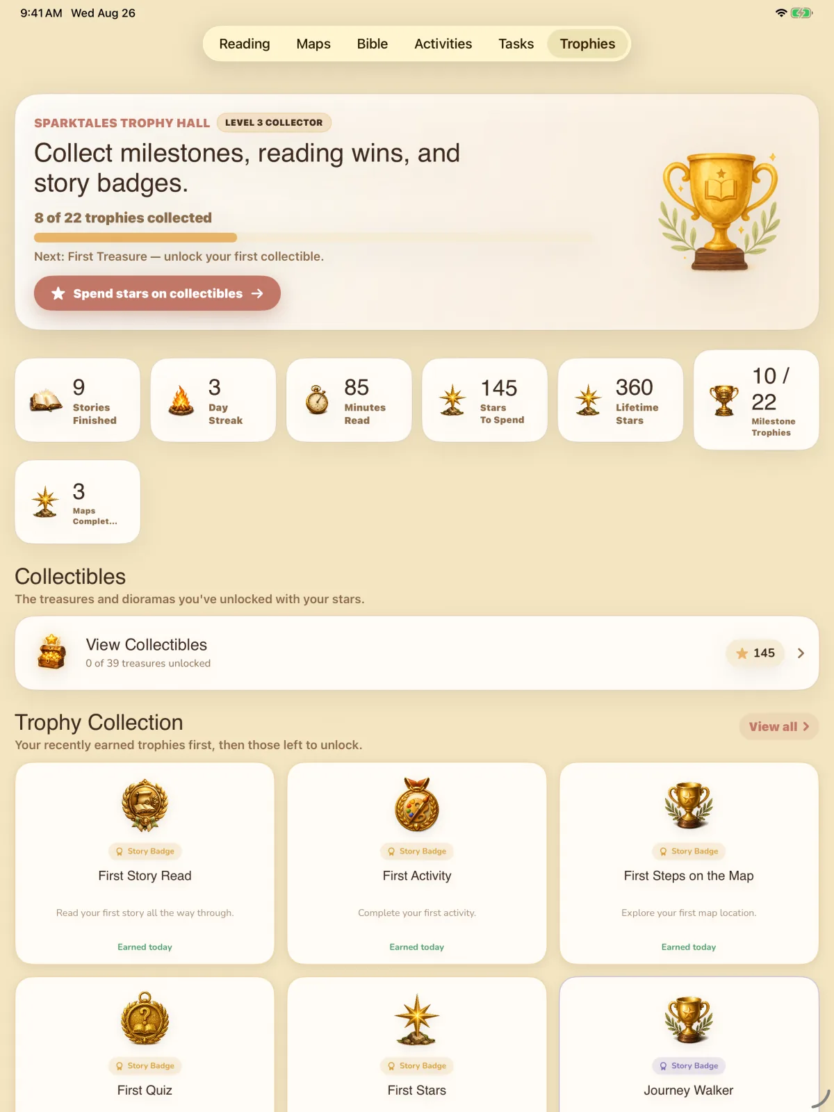 Storybook Bible simulator screen showing Trophy collection.