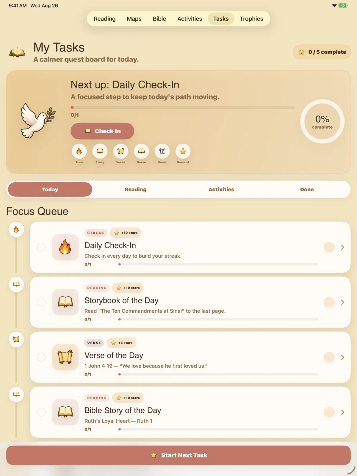 Storybook Bible simulator screen showing Daily task focus.