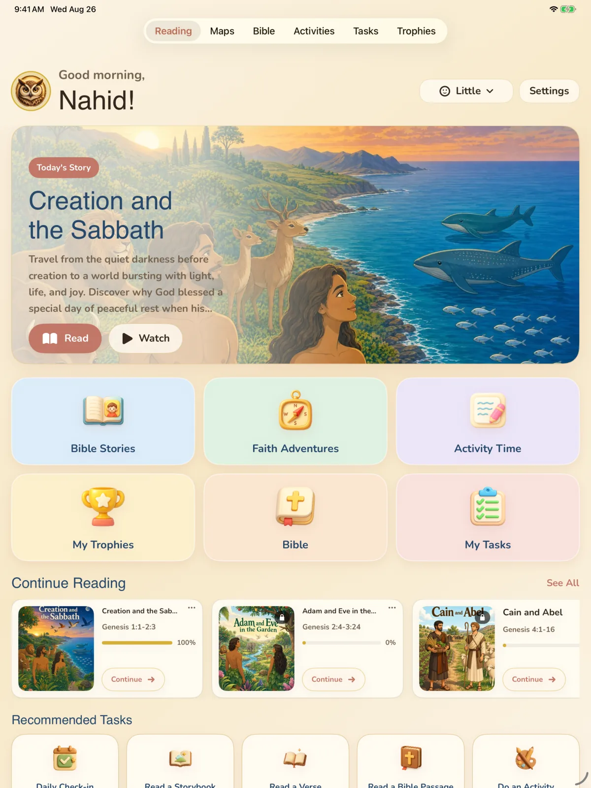 Storybook Bible simulator screen showing Reading home.