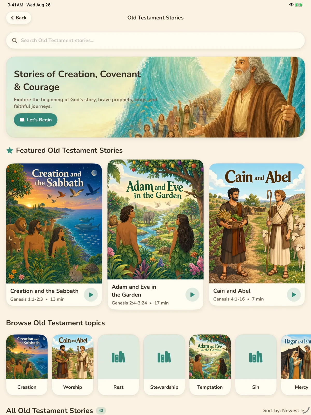 Storybook Bible simulator screen showing Old Testament stories.
