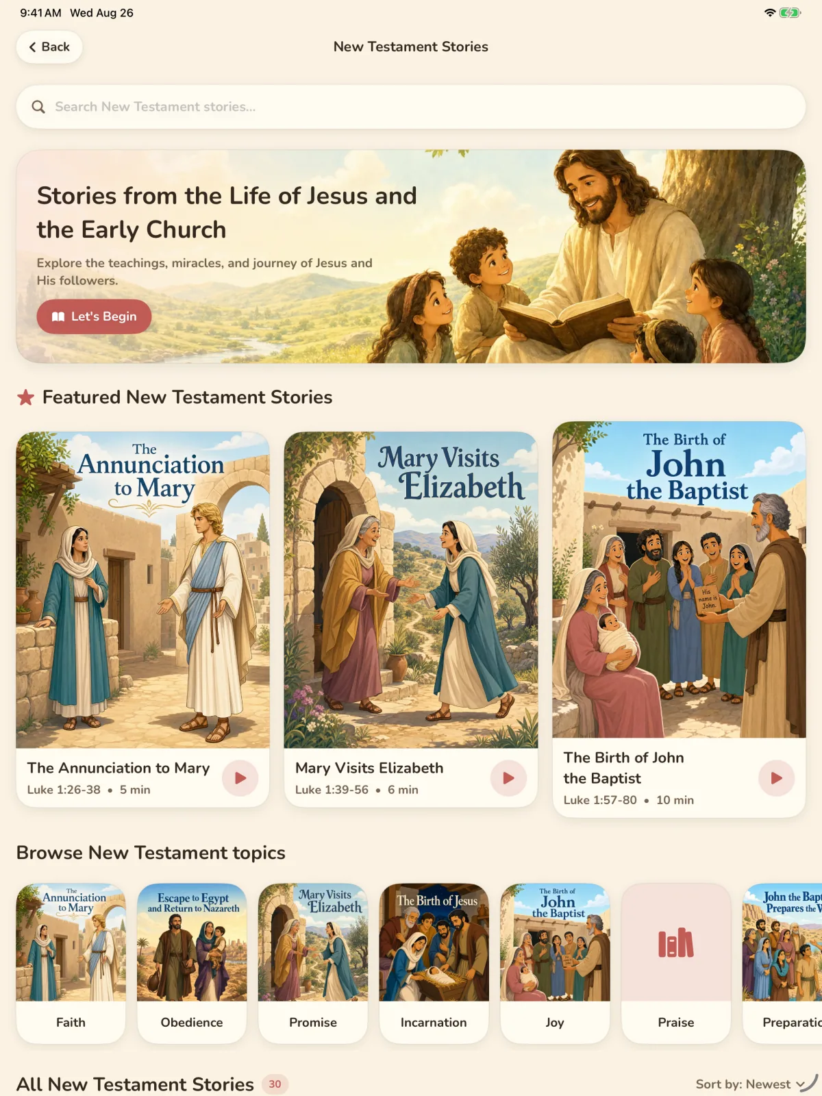 Storybook Bible simulator screen showing New Testament stories.