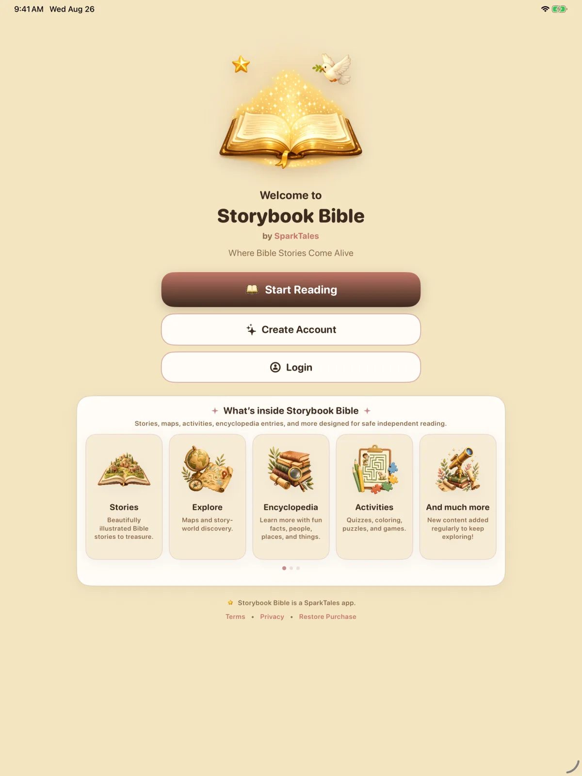 Storybook Bible simulator screen showing Welcome to Storybook Bible.