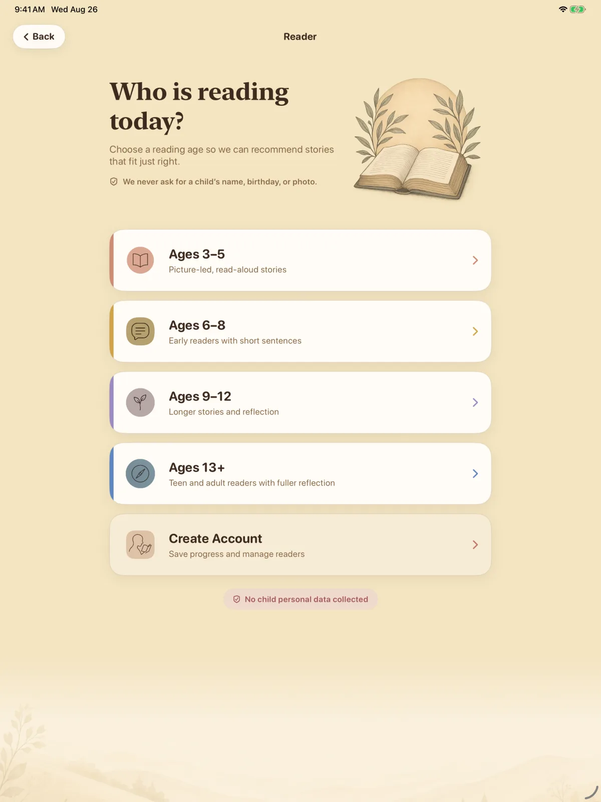 Storybook Bible simulator screen showing Choose a reading level.