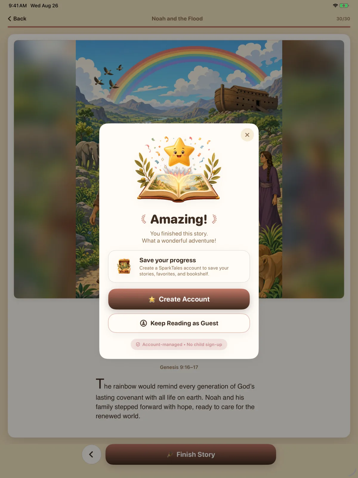 Storybook Bible simulator screen showing Finish a story.