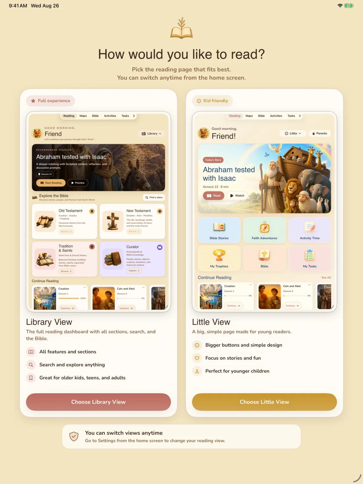 Storybook Bible simulator screen showing Choose a reading mode.