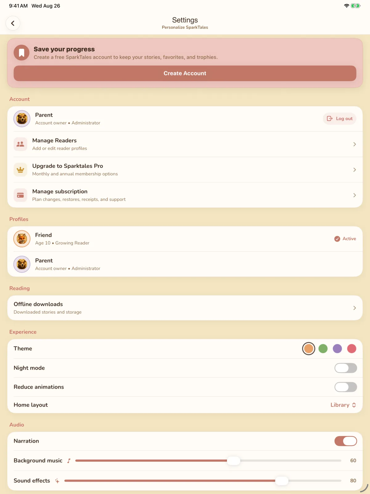 Storybook Bible simulator screen showing Reading preferences.