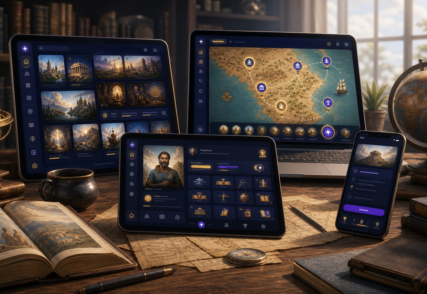 Multiple Storybook Bible platform screens showing reading, maps, curator, and activity tools.