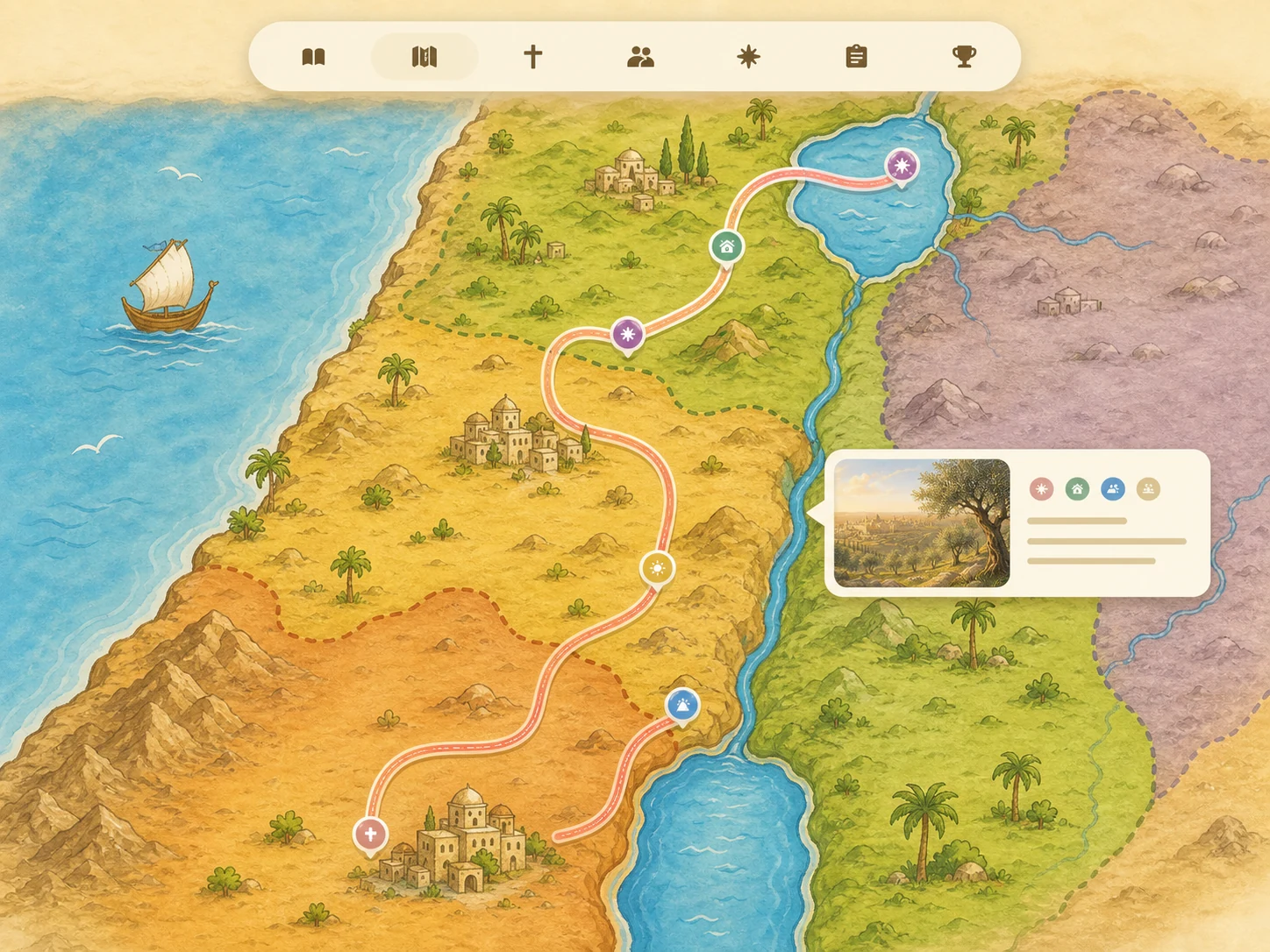 An illustrated Bible map with a journey route, event markers, ancient towns, and a place detail card.
