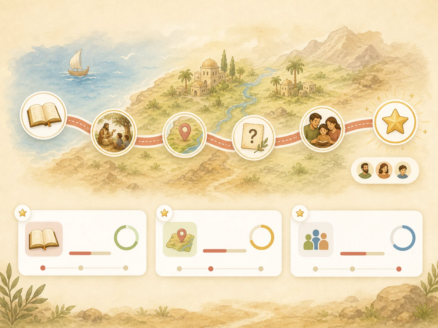 A guided Storybook Bible learning path connecting reading, maps, questions, family discussion, and rewards.