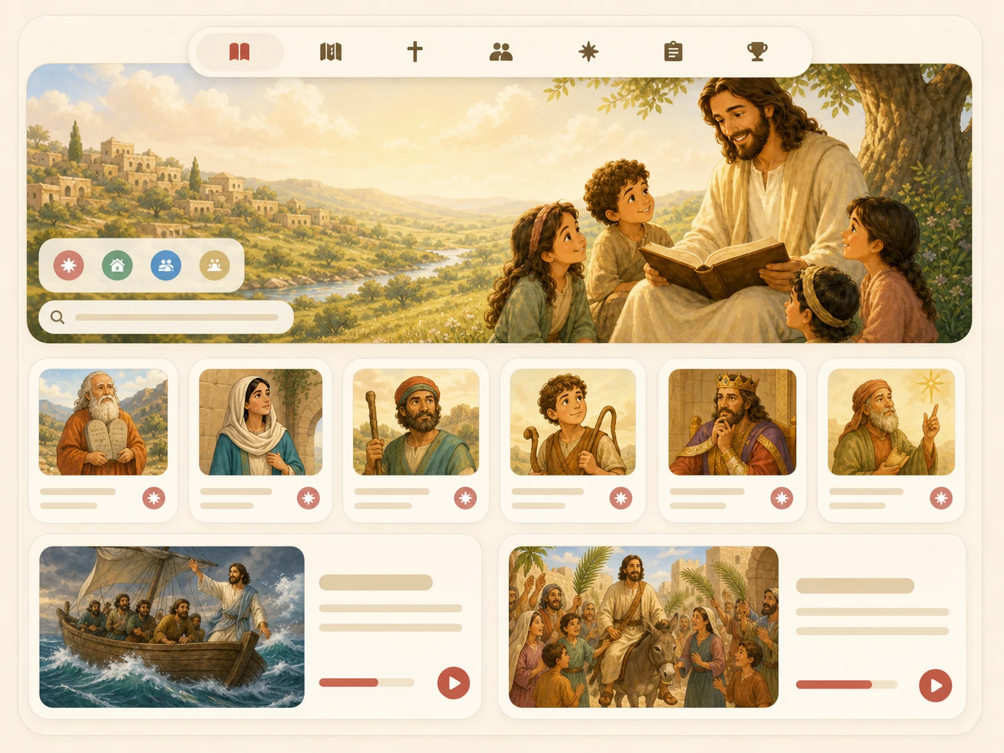 A warm Storybook Bible library with an illustrated banner, character collections, and story cards.