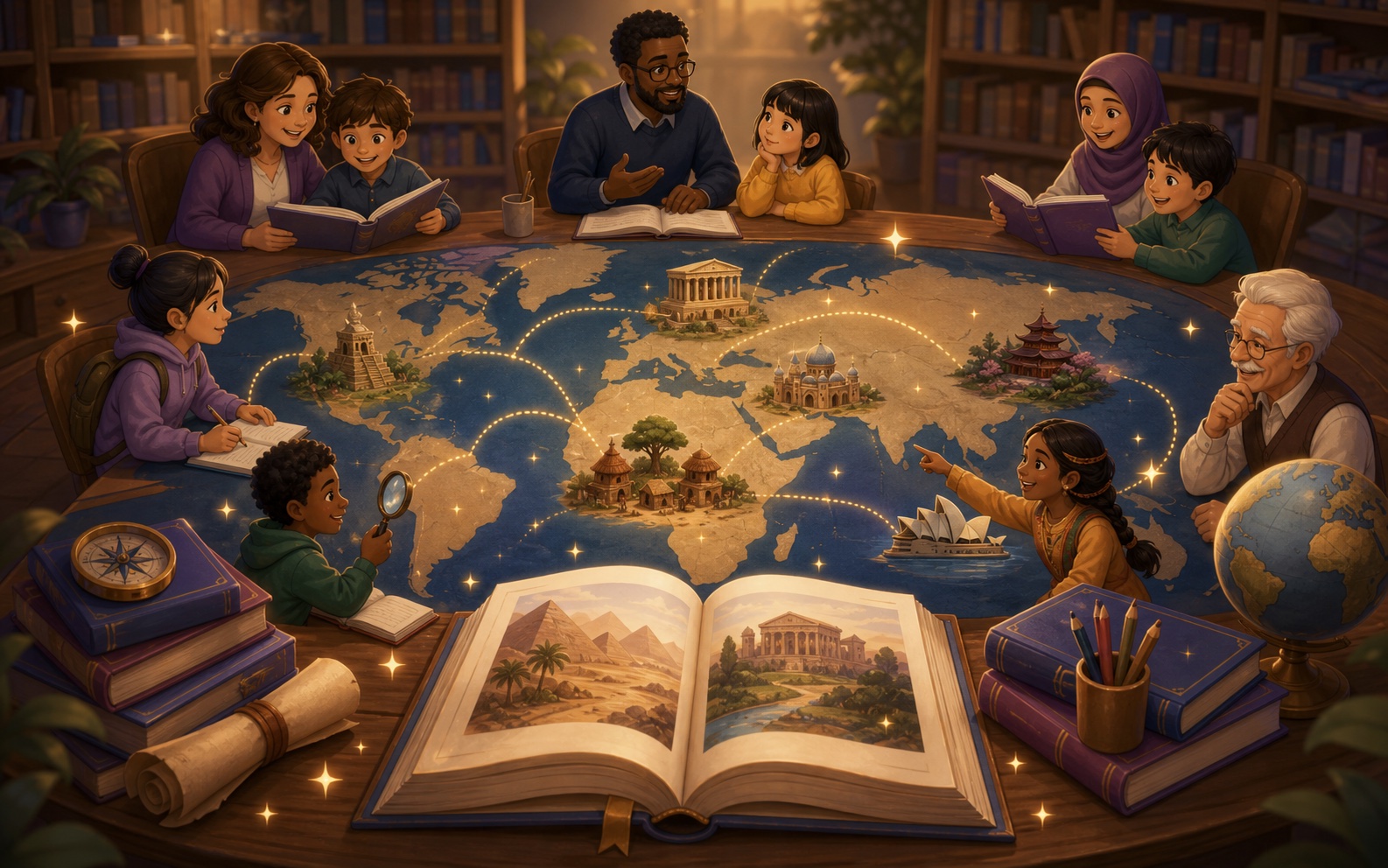 Learners and educators gathered around an illustrated world map and open book.