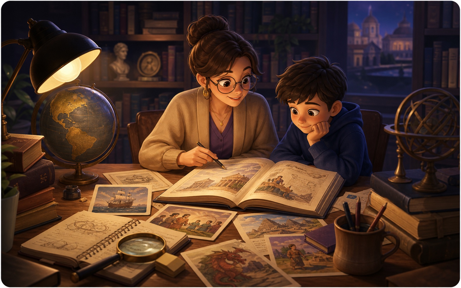 A teacher and learner reviewing source notes and story illustrations in a library.