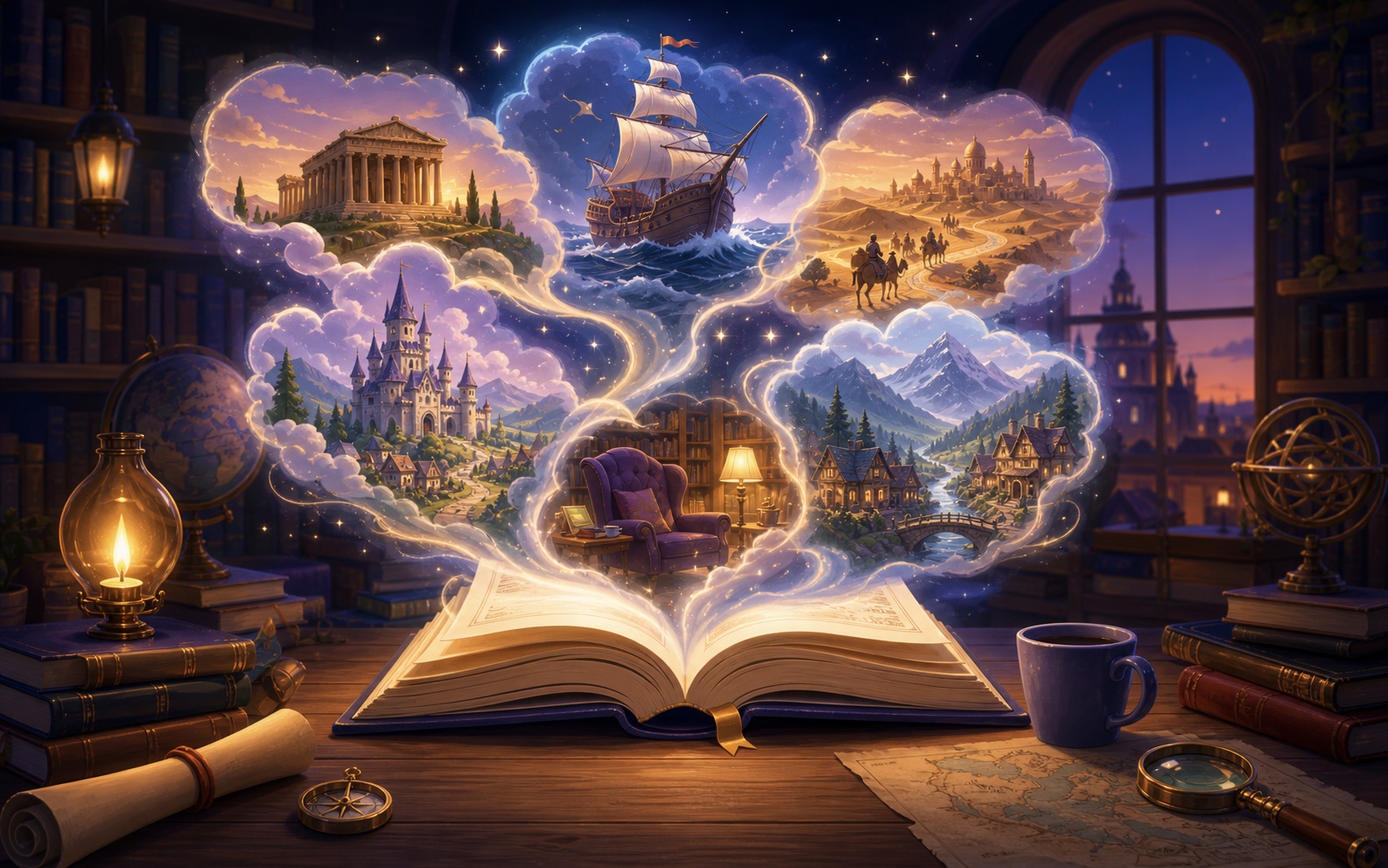 Story worlds rising from an open book in a warm library.