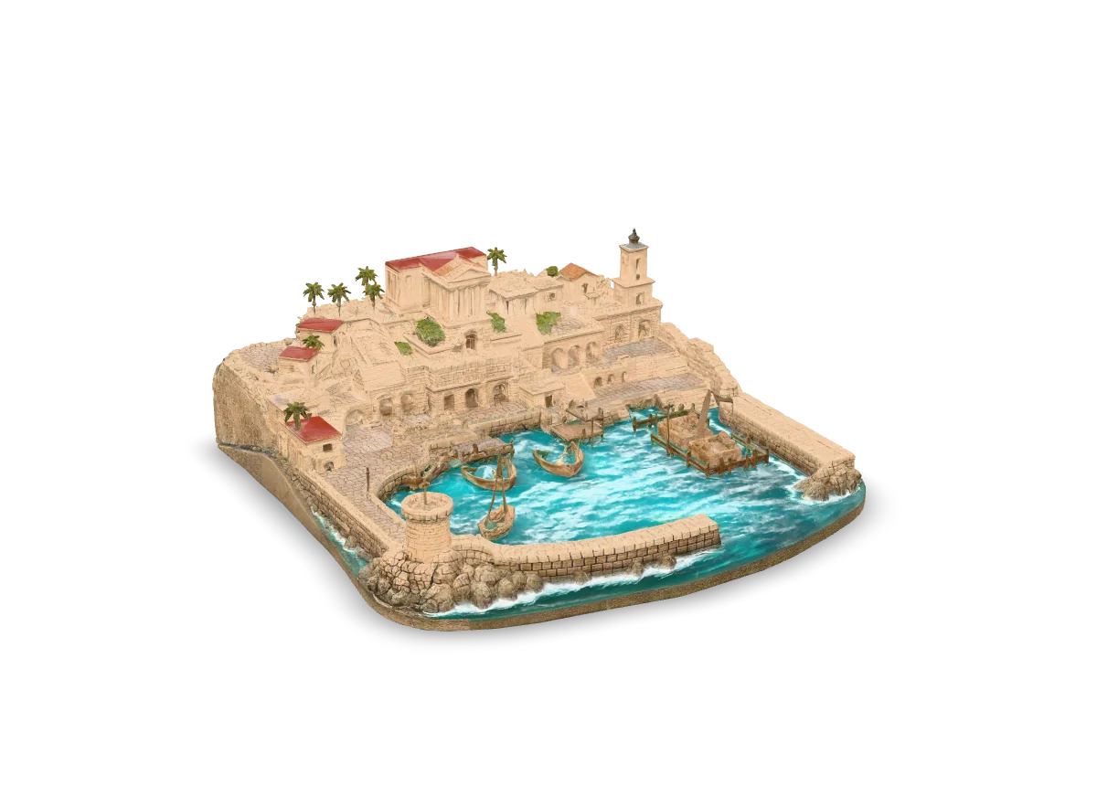 Three-dimensional model of Caesarea Maritima: the Roman port on the Mediterranean, with its harbour walls and ships at anchor. Drag to turn it.